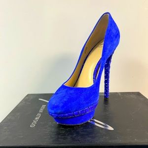 Brian Atwood Fontanne Purple Ultra Violet Suede Snake Leather Heels, size 7.5